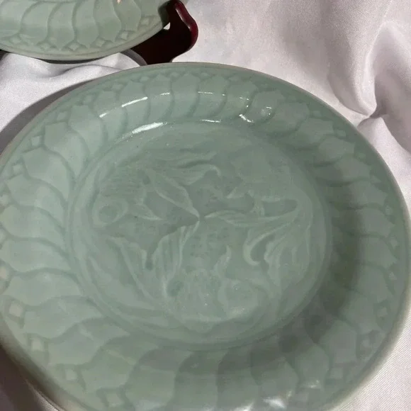 Vintage Celadon Seafoam Ceramic Koi Salad Plates - Picture 3 of 5
